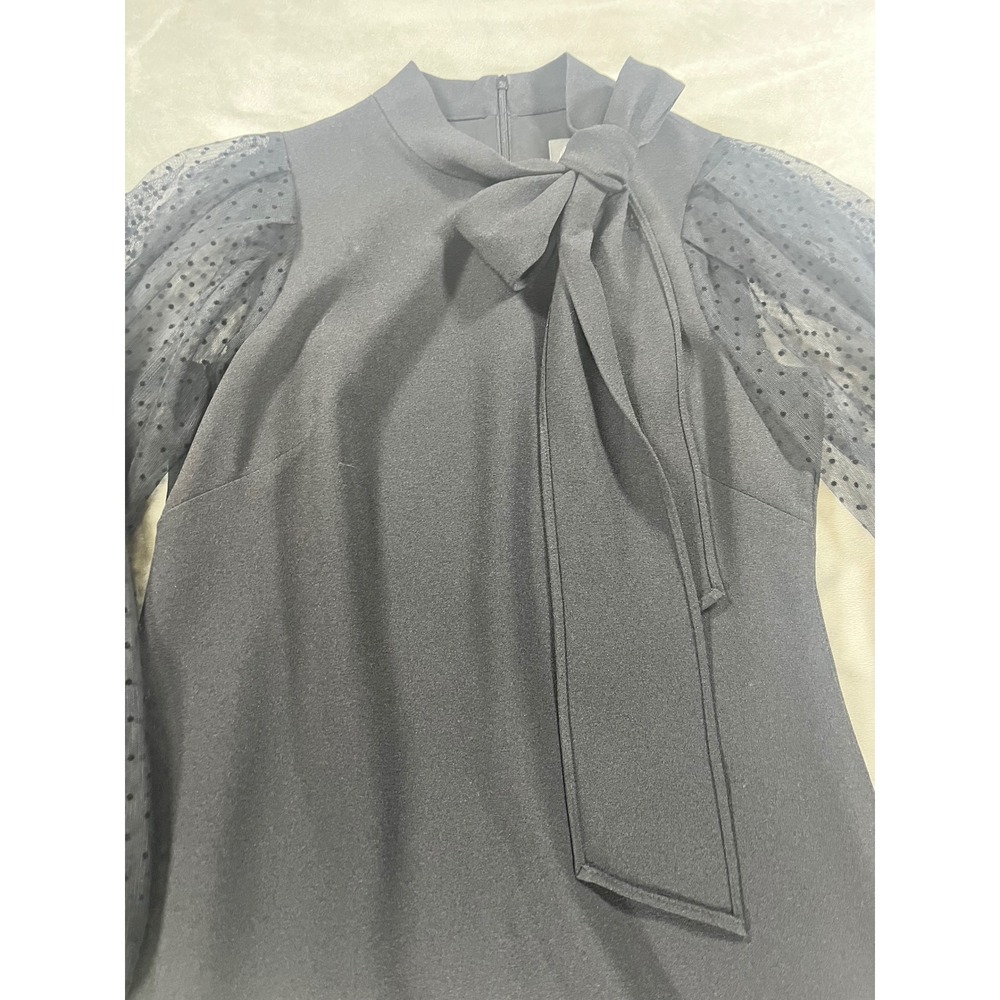 Vince Camuto Women's Black Bow Neck Shift Dress Mesh Dot Sleeves Gothcore Size 2 - Picture 2 of 7